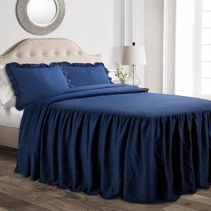 Effective Lush Decor Ruffle Skirt Bedspread Set – 3-Piece Luxurious Farmhouse Bedding – Elegant Ruffle Detail – Timeless Style – Soft Lightweight Sheets – King Navy
