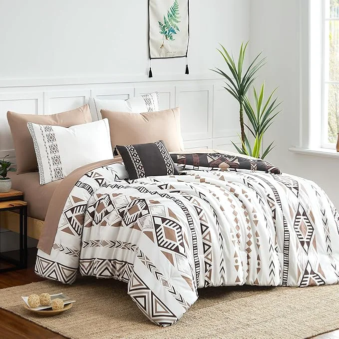 Breathable Geniospin Super King Size Comforter Set- 7 Pieces Boho Bed in a Bag Western Bedding Set for All Seasons Reversible Aztec Bedding Lightweight Comforter Bed Set with Sheets Pillowcases amp Shams Smart