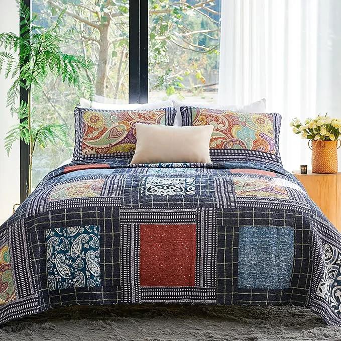 Organic Secgo Queen Comforter Set for Bed – Cotton Quilts Queen Size Black Bedspreads 90 98 Inch with 2 Pillow Shams Patchwork Reversible Lightweight Bedding Excellent