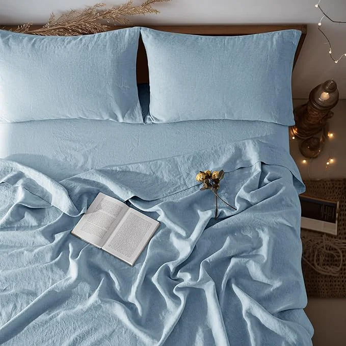 Fine Crafted LBRO2M Pure Linen Sheet Set Deep Pocket Up to 16 quot Bed Sheets Sets Natural Flax Beddings Soft Breathable Comfortable for All Seasons 4 Pcs Sheet Set King Size Dusty Blue Solid