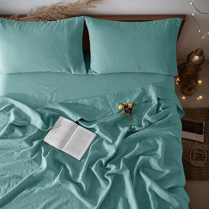 Refined LBRO2M Pure Linen Sheet Set Deep Pocket Up to 16 quot Bed Sheets Sets Natural Flax Beddings Soft Breathable Comfortable for All Seasons 4 Pcs Sheet Set California King Size Aqua Safe