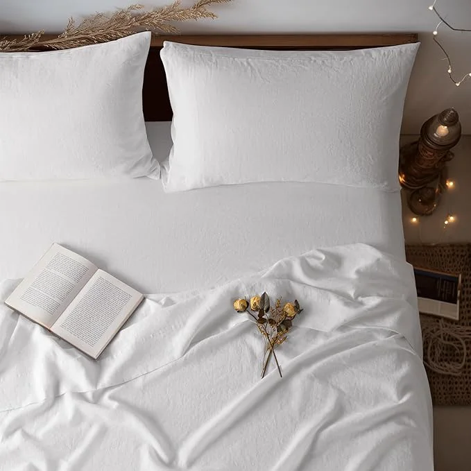 Advanced LBRO2M Pure Linen Sheet Set Deep Pocket Up to 16 quot Bed Sheets Sets Natural Flax Beddings Soft Breathable Comfortable for All Seasons 4 Pcs Sheet Set Full Size White Enhanced