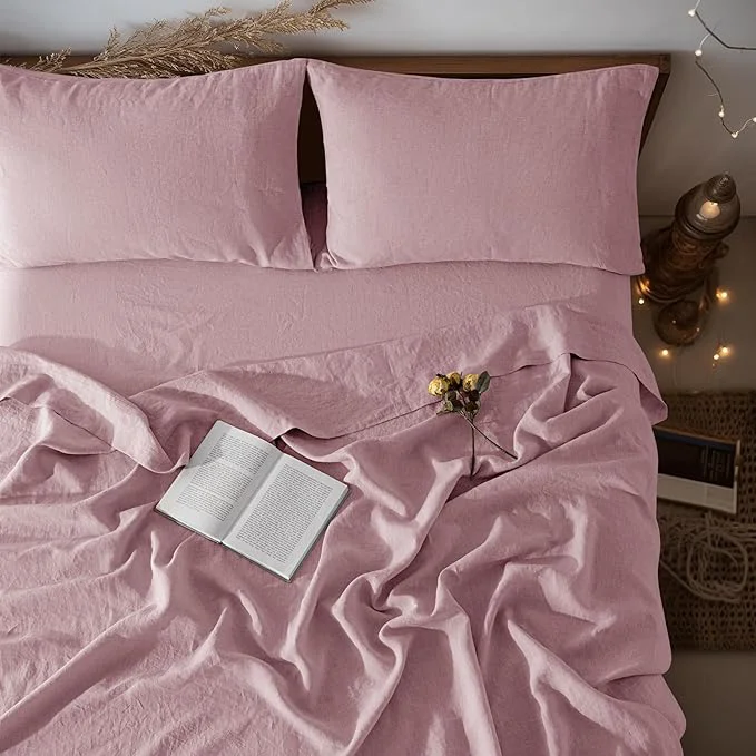 LBRO2M Pure Linen Sheet Set Deep Pocket Up to 16 quot Bed Sheets Sets Natural Flax Beddings Soft Breathable Comfortable for All Seasons 4 Pcs Sheet Set Full Size Embroidery Purple Original
