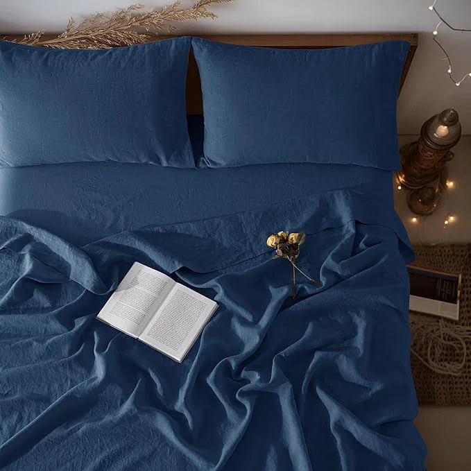 LBRO2M Pure Linen Sheet Set Deep Pocket Up to 16 quot Bed Sheets Sets Natural Flax Beddings Soft Breathable Comfortable for All Seasons 4 Pcs Sheet Set California King Size Navy Blue Flexible