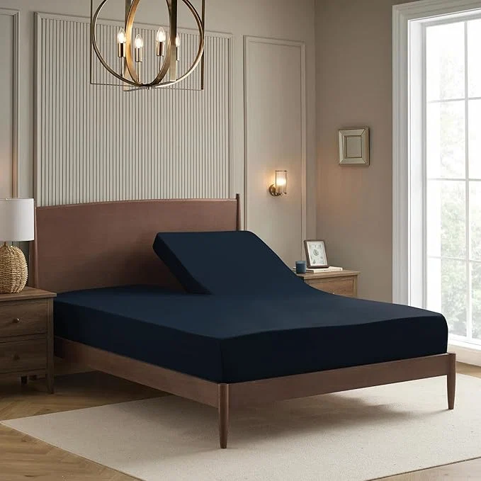 Proven Split Head King Sheets Set for Adjustable Beds 4 Piece Flex Top Bed Sheets – Deep Pocket Split Top Fitted Sheet with Built-in Corner Straps Luxury Soft Cooling Bedding Wrinkle Resistant Navy Efficient