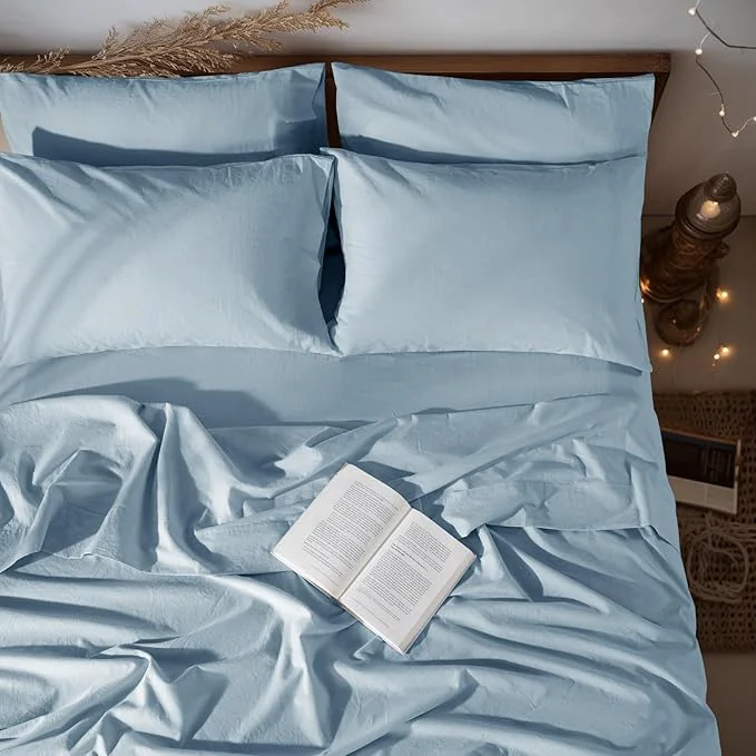 Smart LBRO2M Pure Linen Sheet Set Deep Pocket Up to 16 quot Bed Sheets Sets Natural Flax Beddings Soft Breathable Comfortable for All Seasons 6 Pcs Sheet Set Cal King Size Dusty Blue Smooth