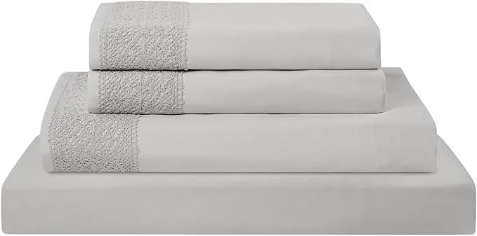 Excellent Modern Threads 4 Piece Microfiber Sheet Set – Soft Cooling Bed Sheets with Crochet Lace – Deep Pocket Wrinkle Breathable Hotel Luxury Bedding Light Gray California King