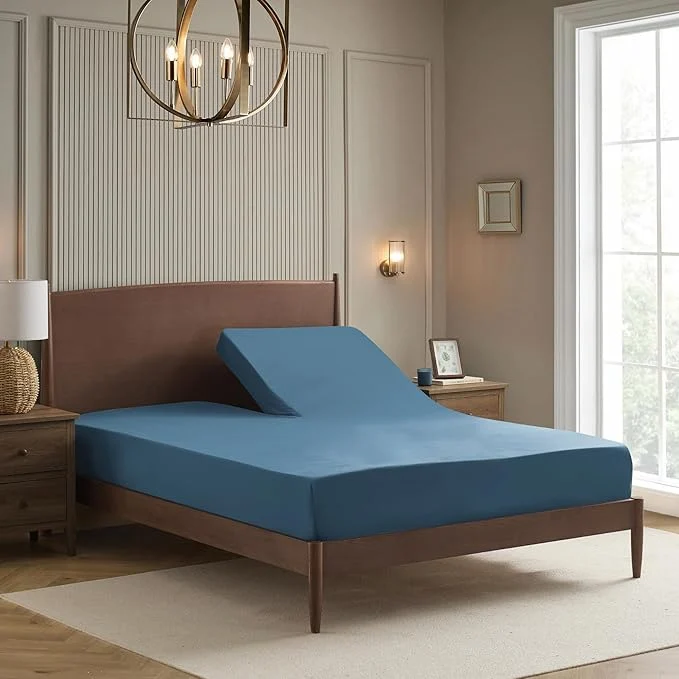 Next-Generation Split Head King Sheets Set for Adjustable Beds 4 Piece Flex Top Bed Sheets – Deep Pocket Split Top Fitted Sheet with Built-in Corner Straps Luxury Soft Cooling Bedding Wrinkle Resistant Denim Enhanced