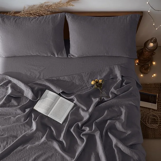 Effective LBRO2M Pure Linen Sheet Set Deep Pocket Up to 16 quot Bed Sheets Sets Natural Flax Beddings Soft Breathable Comfortable for All Seasons 4 Pcs Sheet Set Full Size Dark Grey High-Grade