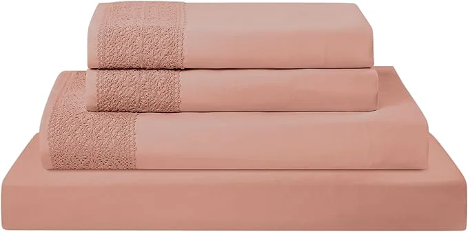 Versatile Modern Threads 4 Piece Microfiber Sheet Set – Soft Cooling Bed Sheets with Crochet Lace – Deep Pocket Wrinkle Breathable Hotel Luxury Bedding Rose Pink Queen Casual