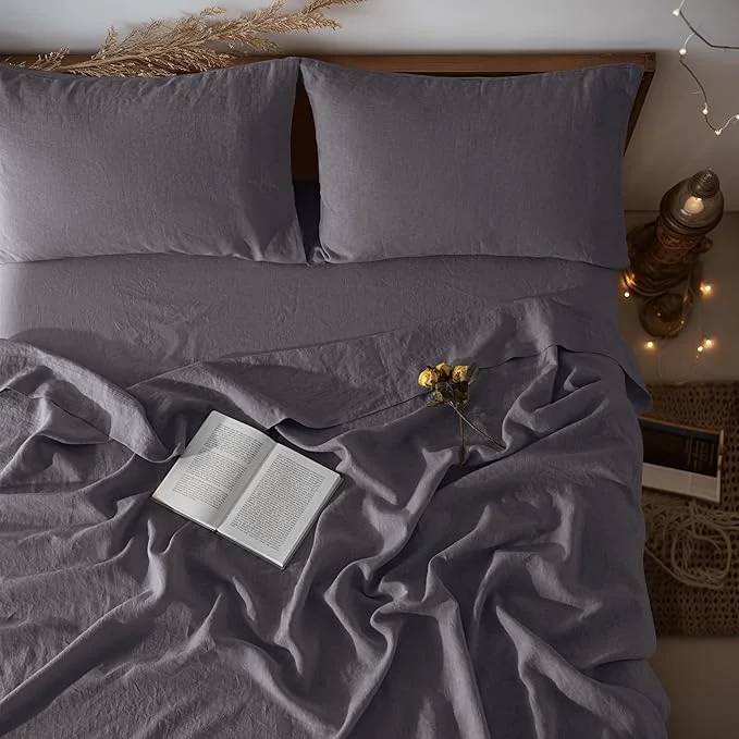 High-End LBRO2M Pure Linen Sheet Set Deep Pocket Up to 16 quot Bed Sheets Sets Natural Flax Beddings Soft Breathable Comfortable for All Seasons Twin XL Size Dark Grey Refined