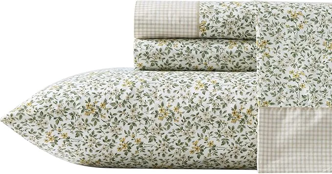 First-Class Laura Ashley – Full Sheet Set Breathable Percale Cotton Bedding with Deep Pockets Chic Home Decor Oeko-Tex Tierney Green Full Long-Lasting