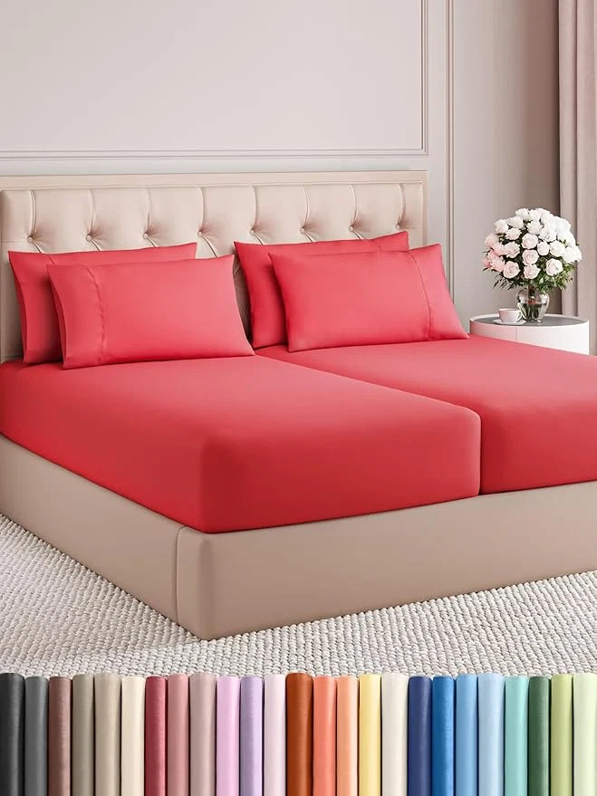 Superior Split King 7 Piece Sheet Set – Comfy Breathable amp Cooling – Ultra-Soft Hotel Luxury Bedding Set with 8-16 Inch Deep Pockets – 1 Flat amp 2 Fitted Sheet amp 4 Pillowcases – Wrinkle amp Easy Care – Red