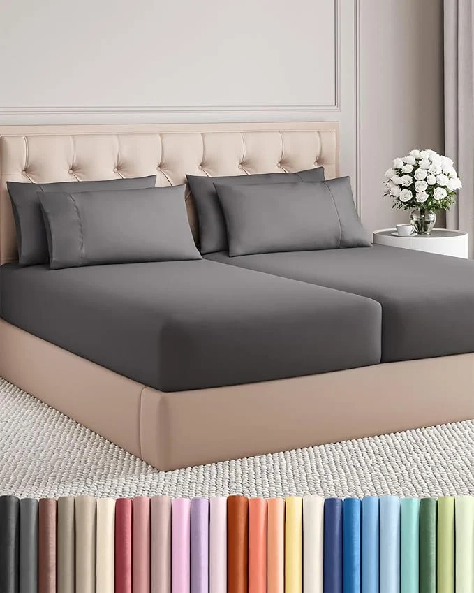 Fine Crafted Split King 7 Piece Sheet Set – Comfy Breathable amp Cooling – Soft Hotel Luxury Bedding Set with 8-16 Inch Deep Pockets – 1 Flat amp 2 Fitted Sheet amp 4 Pillowcases – Wrinkle amp Easy Care – Dark Grey Reliable