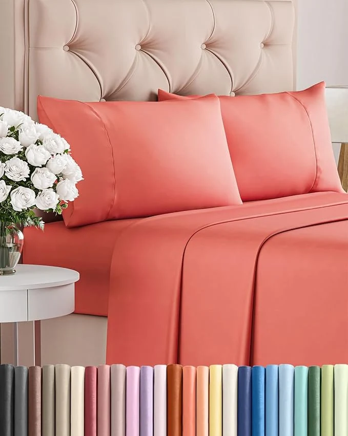Natural Twin 4 Piece Sheet Set – Comfy Breathable amp Cooling – Ultra Soft Hotel Luxury Bedding Set with 8-16 Inch Deep Pockets – 1 Flat amp 1 Fitted Sheet amp 2 Pillowcases – Cozy Wrinkle amp Easy Care – Coral Dependable