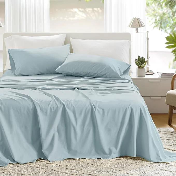 Certified Comfort Spaces Cotton Sheets Cal King Breathable amp Soft Cotton Sheets Naturally Cool Cotton Bed Sheets with 14 quot Elastic Pocket Fits up to 16 quot Mattress All Season Sheet Set Light Blue 4 Piece Luxury