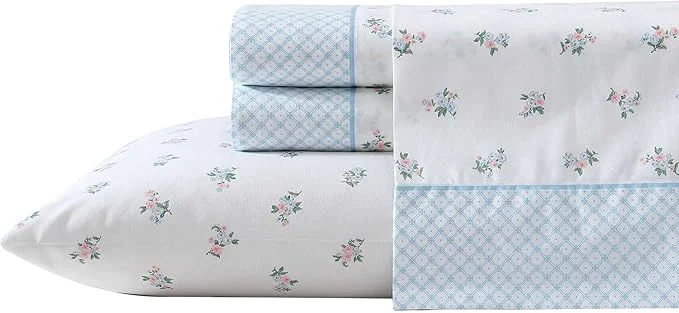 Traditional Laura Ashley – Sheet Set Breathable Percale Cotton Bedding 200 Thread Count Deep Pocket Chic Home Decor Harperette Blue King Minimalist