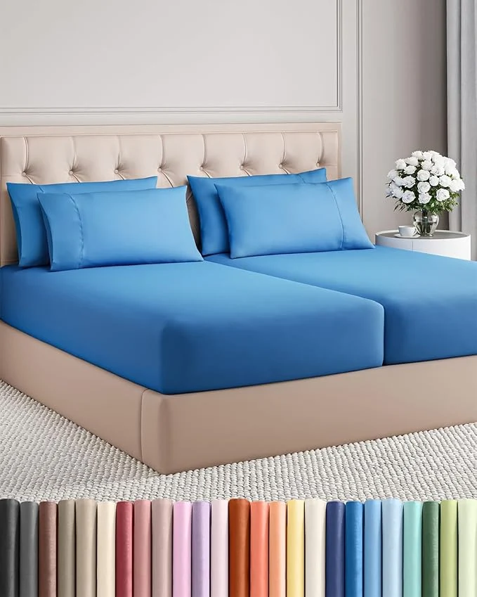 Exceptional Split King 7 Piece Sheet Set – Comfy Breathable amp Cooling – Soft Hotel Luxury Bedding Set with 8-16 Inch Deep Pockets – 1 Flat amp 2 Fitted Sheet amp 4 Pillowcases – Wrinkle amp Easy Care – Royal Blue Long-Lasting
