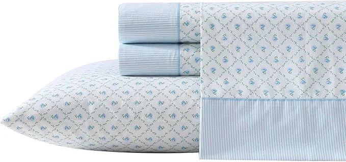 Minimalist Laura Ashley – Sheet Set Breathable Percale Cotton Bedding 200 Thread Count Deep Pocket Chic Home Decor Kate Blue Twin Top-Quality