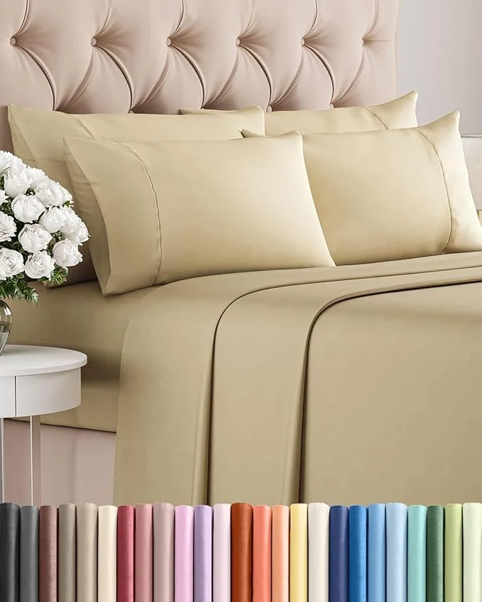 Clean King 6 Piece Sheet Set – Comfy Breathable amp Cooling – Ultra Soft Hotel Luxury Bedding Set with 8-16 Inch Deep Pockets – 1 Flat amp 1 Fitted Sheet amp 4 Pillowcases – Cozy Wrinkle amp Easy Care – Beige Sustainable