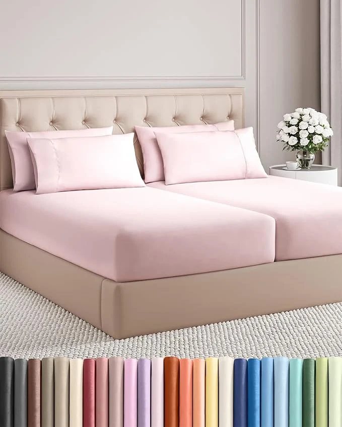 Relaxed Split King 7 Piece Sheet Set – Comfy Breathable amp Cooling – Soft Hotel Luxury Bedding Set w 8-16 Inch Deep Pockets – 1 Flat amp 2 Fitted Sheet amp 4 Pillowcases – Wrinkle amp Easy Care – Lavender Pink Premium Material