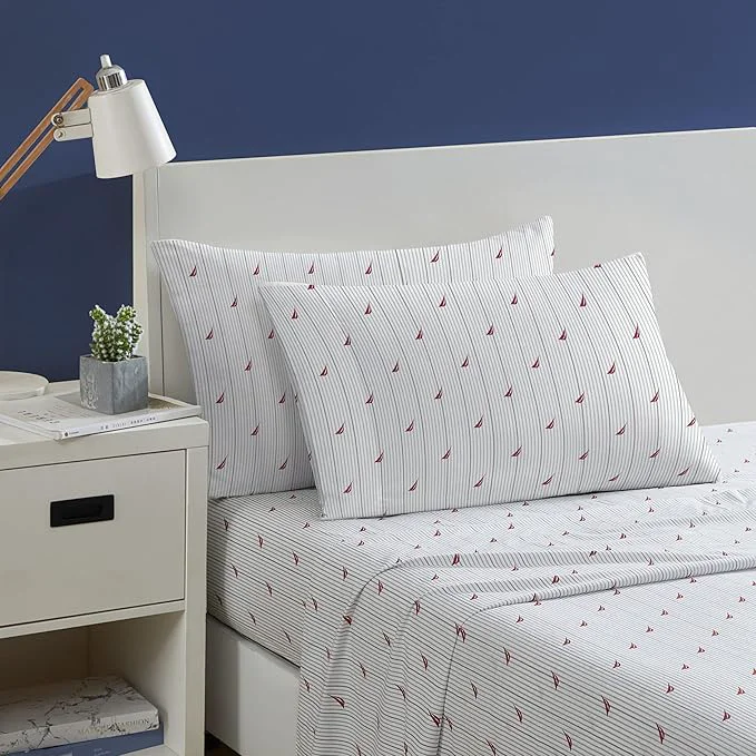 Next-Generation Nautica – Twin Size Sheet Set Crisp amp Tailored Cooling Sheets with a Smooth Cotton Percale Lightweight Feel – Bed Sheets with Matching Pillowcase amp Fitted Sheet Audley Stripe Red Original