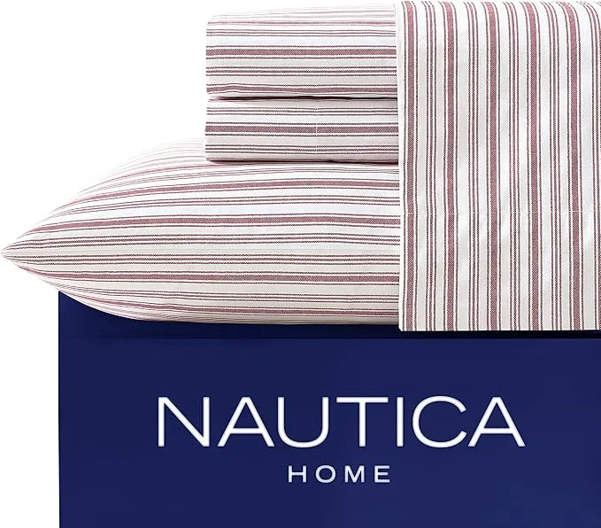 Stylish Nautica – Twin Sheets Cotton Percale Bedding Set Fully Elasticized I Dorm Essentials Coleridge Stripe Red Twin Excellent