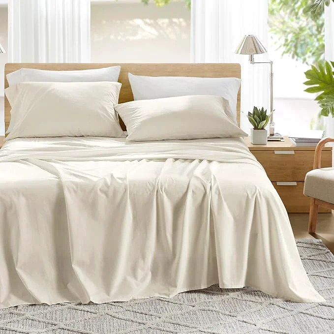 Environmentally Friendly Comfort Spaces Cotton Sheets Queen Breathable Ultra Soft Cotton Sheets Naturally Cool Cotton Bed Sheets with 14 quot Elastic Pocket Fits up to 16 quot Mattress All Season Sheet Set Ivory 4 Piece Smooth