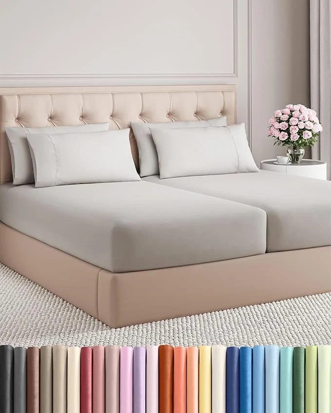 Crafted Split King 7 Piece Sheet Set – Comfy Breathable amp Cooling – Soft Hotel Luxury Bedding Set with 8-16 Inch Deep Pockets – 1 Flat amp 2 Fitted Sheet amp 4 Pillowcases – Wrinkle amp Easy Care – French Grey Fine