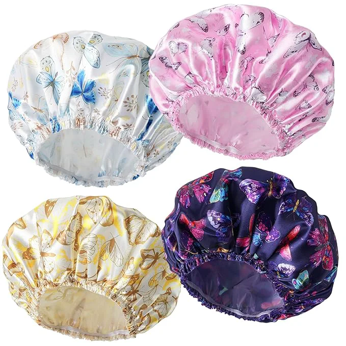 Elegant Shower Cap for Women Double Layers Shower Caps Reusable Waterproof Bathing Functional