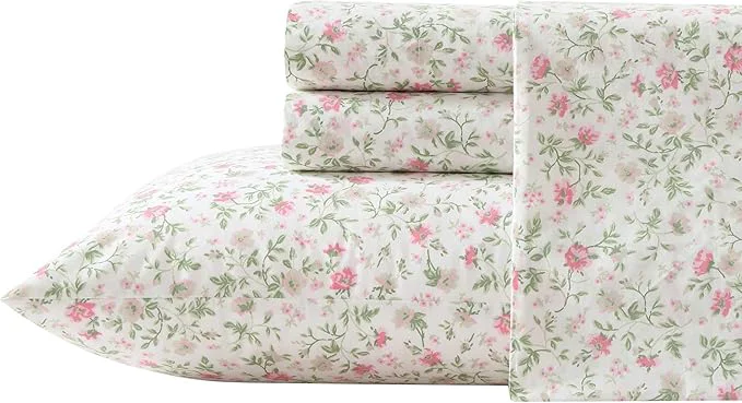 Fine Laura Ashley – King Sheet Set Super Soft Cotton Percale Bedding Set with Matching Shams Oeko-Tex Bonnie Pink King Long-Lasting