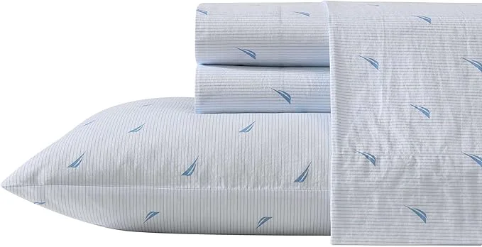 Exclusive Nautica – Queen Sheets Cotton Percale Bedding Set Casual Bedding Set Boat Stripe Pale Blue Queen Excellent