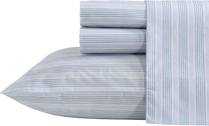 Unique Nautica – King Size Sheets Set Crisp amp Tailored Striped Bedding with a Smooth Cotton Percale Bed Sheets with Matching Pillowcases amp Fitted Sheet Tayleur Stripe Blue Safe