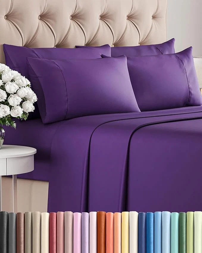 Detailed Queen 6 Piece Sheet Set – Comfy Breathable amp Cooling – Ultra Soft Hotel Luxury Bedding Set w 8-16 Inch Deep Pockets – 1 Flat amp 1 Fitted Sheet amp 4 Pillowcases – Cozy Wrinkle amp Easy Care – Purple High-End