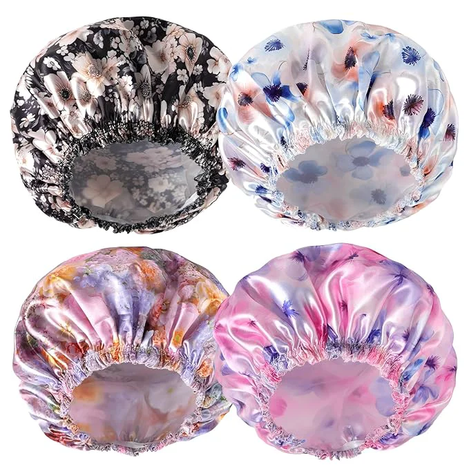 Fine Crafted 4 PCS Shower Caps for Women Printing Bath Caps Double Layers Shower Cap High-Grade