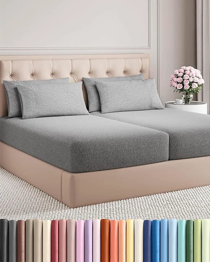 First-Class Split King 7 Piece Sheet Set – Comfy Breathable amp Cooling – Soft Hotel Luxury Bedding Set w 8-16 Inch Deep Pockets – 1 Flat amp 2 Fitted Sheet amp 4 Pillowcases – Cozy and Wrinkle – Heathered Grey Classic