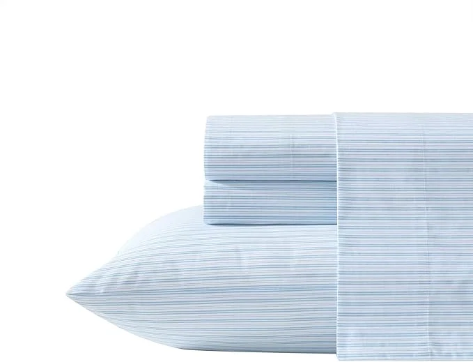 Original Laura Ashley – Twin Sheet Set Crisp amp Cool Cotton Percale Bed Sheets Deep Pockets Striped Bedding with Matching Fitted Sheet amp Pillowcase Bedford Skinny Stripe Blue Fashionable