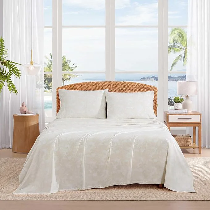 High-End Tommy Bahama – King Size Sheet Set Cotton Percale Bedding with a Crisp amp Cool Feel Bed Sheets with Matching Fitted Sheet amp Pillowcases Legacy Fronds Beige Fine