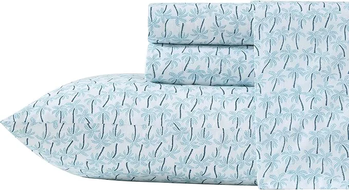 Quality Tommy Bahama – Queen Sheet Set Super Soft Cotton Percale Bedding with Matching Shams Tropical Bedding Set Oeko-Tex Palmtastic Blue Queen Smart