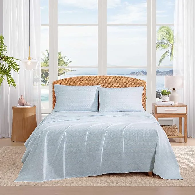 Certified Tommy Bahama – Queen Size Sheet Set Cotton Percale Bedding with a Crisp amp Cool Feel Bed Sheets with Matching Fitted Sheet amp Pillowcases Palm Tree Ikat Blue Practical