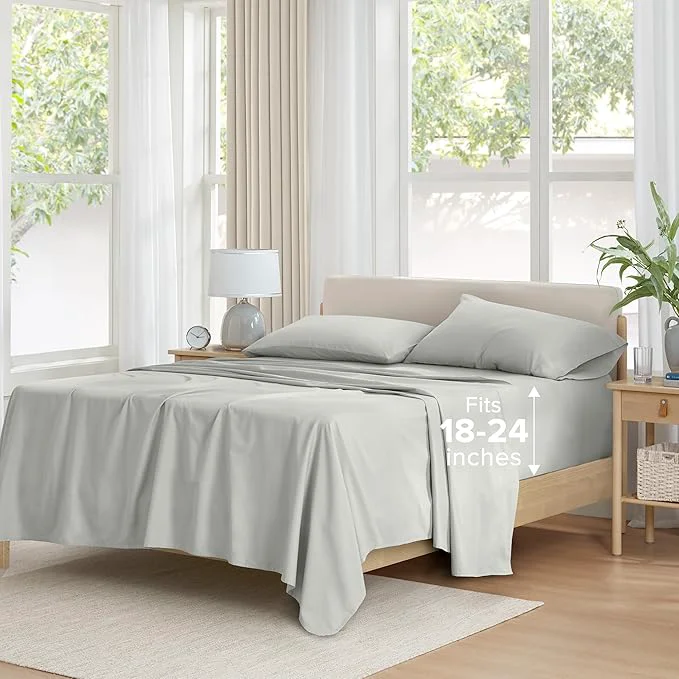 Contemporary Comfort Spaces Extra Deep Pocket Cotton King Fits up to 24 quot Mattress Breathable Naturally Cool Cotton Soft Cotton Sheets All Seasons Sheet Set Grey 4 Piece Long-Lasting