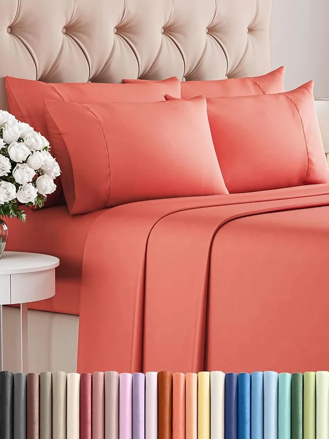 Green Queen 6 Piece Sheet Set – Comfy Breathable amp Cooling – Ultra Soft Hotel Luxury Bedding Set w 8-16 Inch Deep Pockets – 1 Flat amp 1 Fitted Sheet amp 4 Pillowcases – Cozy Wrinkle amp Easy Care – Coral Exclusive