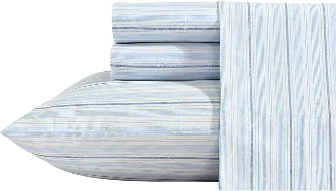 Soft Nautica – Sheets Cotton Percale Bedding Set with Matching Pillowcase Crisp amp Cool Deep Pocket Camp Stripe Blue Twin XL First-Class