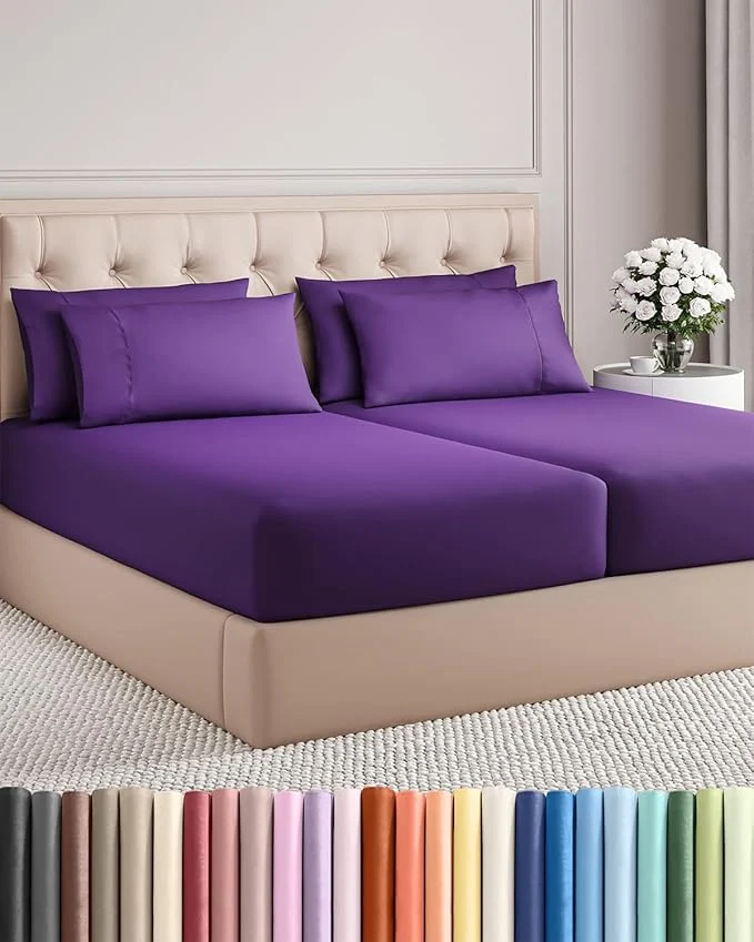Authentic Split King 7 Piece Sheet Set – Comfy Breathable amp Cooling – Ultra-Soft Hotel Luxury Bedding Set w 8-16 Inch Deep Pockets – 1 Flat amp 2 Fitted Sheet amp 4 Pillowcases – Wrinkle amp Easy Care – Purple Recyclable
