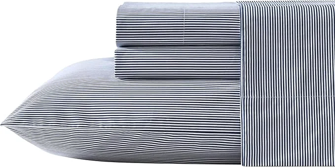 High-End Nautica – Twin Sheet Set Lightweight amp Breathable Cotton Percale Bedding Set with Matching Sham s Crisp amp Cool Bedding Essentials Oeko-Tex Penny Pinstripe Navy Twin Smooth