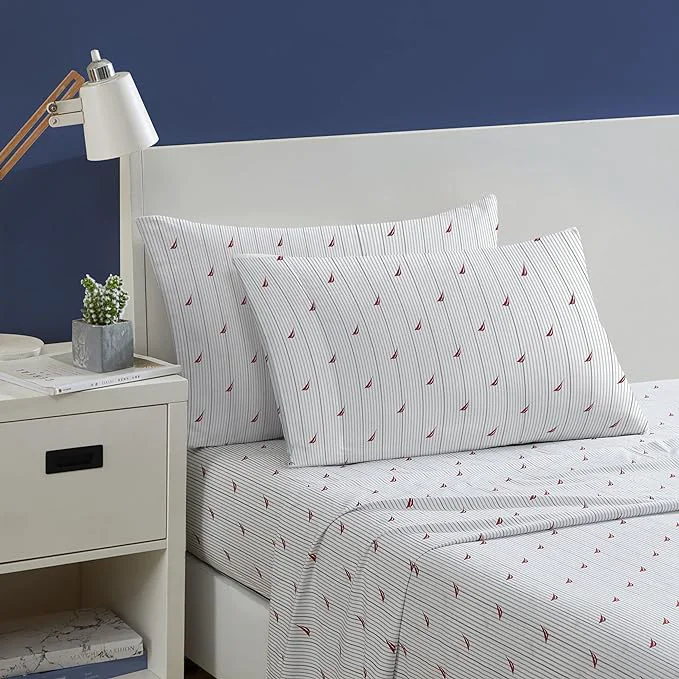 Casual Nautica- King Sheet Set Cotton Percale Bedding Set Crisp amp Cool Lightweight amp Breathable Audley Stripe Red King Traditional