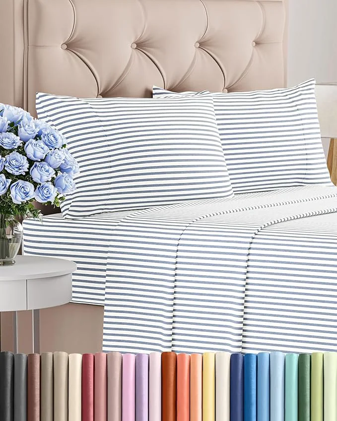 Official Twin 4 Piece Sheet Set – Comfy Breathable amp Cooling – Soft Hotel Luxury Bedding Set with 8-16 Inch Deep Pockets – 1 Flat amp 1 Fitted Sheet amp 2 Pillowcases – Wrinkle amp Easy Care – Blue Stripes 2 Fine