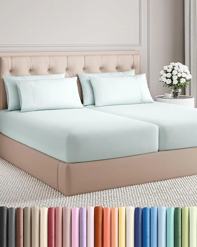 Detailed Split King 7 Piece Sheet Set – Comfy Breathable amp Cooling – Soft Hotel Luxury Bedding Set with 8-16 Inch Deep Pockets – 1 Flat amp 2 Fitted Sheet amp 4 Pillowcases – Wrinkle amp Easy Care – Ice Blue Superior