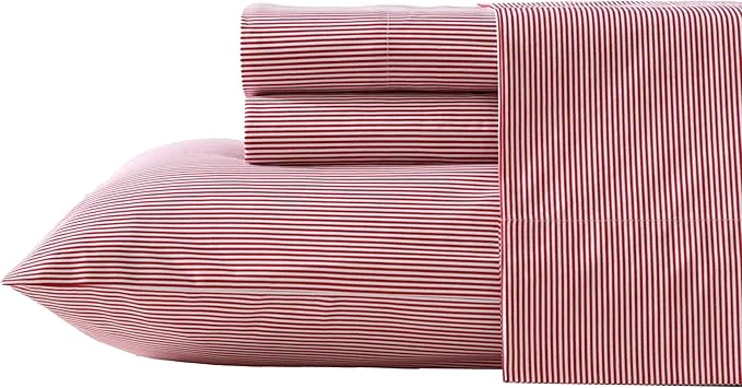 High-Performance Nautica – Twin XL Sheet Set Lightweight amp Breathable Cotton Percale Bedding Set with Matching Sham s Crisp amp Cool Bedding Essentials Oeko-Tex Penny Pinstripe Red Twin XL Versatile