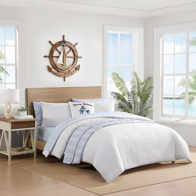 Carefully Designed Tommy Bahama – King Size Sheet Set Crisp amp Cool Cotton Percale Bedding Deep Pockets Bed Sheets with Matching Pillowcases Iconic Marlin Blue Exceptional